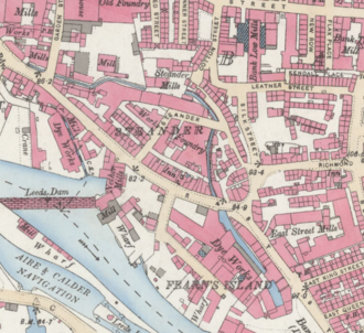 An Ordnance Survey map of Leeds from 1893, showing Steander and Fearn's Island labeled