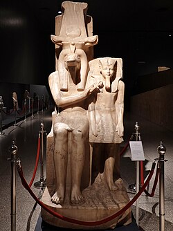 Statue of Sobek and Amenhotep III; 1550–1292 BCE; calcite; Luxor Museum (Luxor, Egypt)