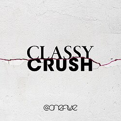 A pale gray background with a horizontal crack highlighted in pink, the words "CLASSY CRUSH" in the center, and the @onefive logo at the bottom