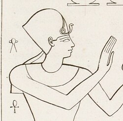 Drawing of a relief of pharaoh Teos with khepresh crown