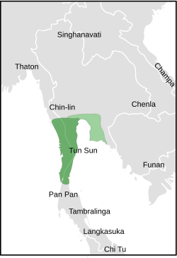 Territory of Tun Sun (1st-6th centuries CE) and the neighbors. Dark Green: Territory before gaining independence from Funan, proposed by Lawrence Palmer Briggs in 1950;[2]: 260  Light Green: As Kamalanka, territory expanded after gaining independence, proposed by George Cœdès in 1924[2]: 269 