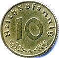 Prewar 10 ℛ︁₰ (reverse). Struck in the same aluminium-bronze as the 5 ℛ︁₰.