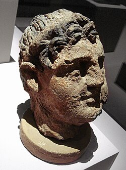 Clay and pigment head of a Greco-Bactrian ruler with diadem, Temple of the Oxus, Takht-i Sangin, 3rd-2nd century BC.[25][24]