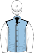 Light blue, black seams, white sleeves and cap