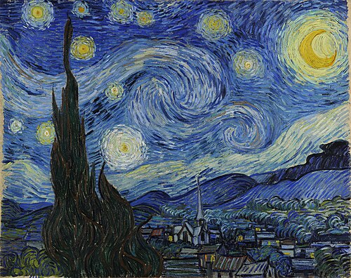 A painting of a scene at night with 10 stars with swirls, Venus, and a bright yellow crescent Moon. In the background are hills, and in the foreground a cypress tree and houses.