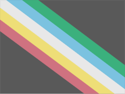 A muted black flag with a diagonal band from the top left to bottom right corner, made up of five parallel stripes of red, gold, white, blue, and green.
