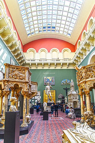 View of V&A room 46b showing an assortment of the pieces it contains including Michelangelo's David (centre back)