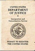 Cover of an U.S Re-entry permit issued in 1994 by INS