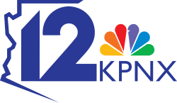 The logo of parent station KPNX. At left, a sans serif 12 partially encased in an outline of the state of Arizona. At right, the NBC peacock and the letters KPNX in a sans serif.