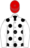 White, black spots, white sleeves, red cap