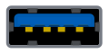 A USB 3.0 Standard‑A receptacle: a rectangular opening 5 by 12 millimeters with a wide plastic protrusion above the center, the protrusion having notches on its underside for the five electrical contacts added for USB 3.x, or a single notch for the same.