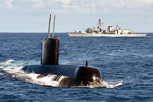 The SAS Charlotte Maxeke (S102) submarine with HMS Portland (F79).