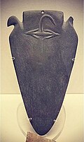 The Min Palette: a mudstone palette with the archaic hieroglyph Min for the god of fertility Min in relief. Pre-dynastic Naqada III. 3250–3100 BC. El-Amra