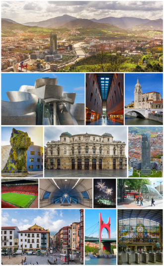 From top left: view of the city; Guggenheim Museum; Azkuna Zentroa; Church of San Antón; Puppy; Arriaga Theatre; Iberdrola Tower; San Mamés Stadium; Uribarri station of the Bilbao Metro; fireworks in the Aste Nagusia; fosterito; Miguel de Unamuno Square in the Casco Viejo; La Salve; and Bilbao-Abando railway station
