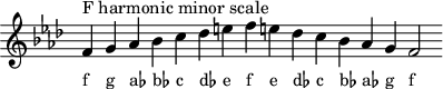 
\header { tagline = ##f }
scale = \relative f' { \key f \minor \omit Score.TimeSignature
  f^"F harmonic minor scale" g as bes c des e f e! des c bes as g f2 }
\score { { << \cadenzaOn \scale \context NoteNames \scale >> } \layout { } \midi { } }

