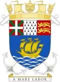 Crest: A naval crown Or. Shield: Azure, sailing in the sea proper a carrack Or, on a chief gules a pale ermine between in dexter a saltire vert surmounted by a cross argent, and in sinister two lions passant gardant in pale of the second armed and langued of the first. Motto: "A mare labor". Other elements:Behind the shield two anchors saltireways sable