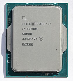 A silver, rectangular Intel Core i7-13700K microprocessor, as viewed from the top