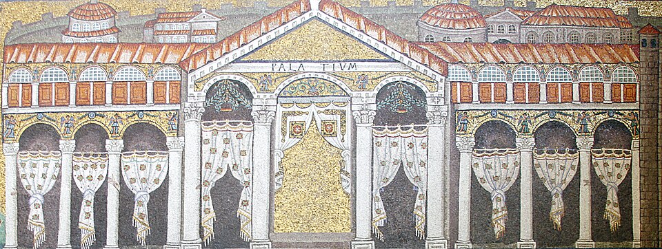 Mosaic of the Palace of Theodoric in Sant'Apollinare Nuovo. The panel initially featured the church's patrons, namely the Arian Ostrogoths. After the Byzantine conquest of Italy, the images of the Ostrogoths were covered up with a layer of mosaics, in an act of damnatio memoriae