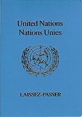 The front cover of a blue machine-readable United Nations laissez-passer