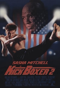 A man performing a high kick against the backdrop of a large American flag