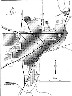 Detroit inset from the General Location of National System of Interstate Highways Including All Additional Routes at Urban Areas Designated in September 1955 (Yellow Book)