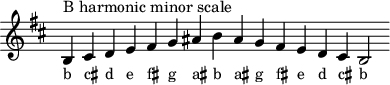 \header { tagline = ##f }
scale = \relative b { \key b \minor \omit Score.TimeSignature
b^"B harmonic minor scale" cis d e fis g ais b ais g fis e d cis b2 }
\score { { << \cadenzaOn \scale \context NoteNames \scale >> } \layout { } \midi { } }
