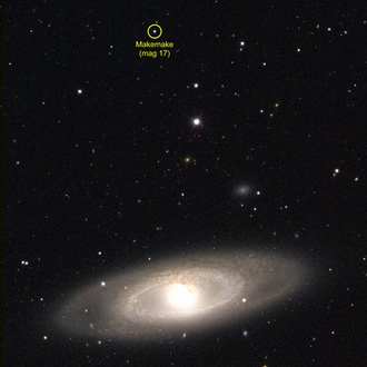 A 2004 precovery image of Makemake shows it as a white dot amidst other white dots (stars) against the black backdrop of space.