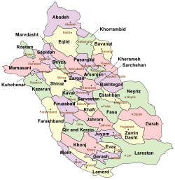 Location of Fasa County in Fars province (center right, green)