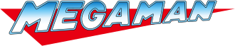 The word "Mega Man" in bright blue gradient text with a thin light blue outline on top of a red triangle