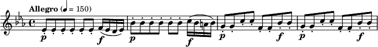 
  \new PianoStaff <<
  \relative c'' {
  \clef treble
  \key ees \major
  \time 4/4
  \tempo "Allegro" 4=150
  \p ees,8-. ees-. ees-. ees-. ees-. ees-. f16 \f (ees d ees) | \p bes'8-. bes-. bes-. bes-. bes-. bes-. c16 \f (bes a bes) | \p g8-. g-. c-. c-. f,-. f-. bes-. \f bes-. | \p g-. g-. c-. c-. f,-. f-. bes-. \f bes-.}
>>
