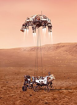 An illustration of Perseverance tethered to the sky crane