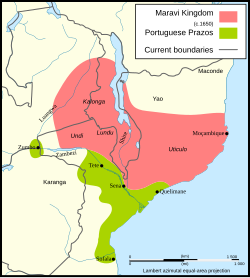 Maravi land, in and around present-day borders of Malawi. It includes places labelled Kalonga, Undi, Lundu, and Uticolo, as well as Mozambique island. To its south, Portuguese Prazos includes several cities. Karanga is also to the south, while Yao is to the north.