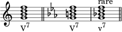 
{
\override Score.TimeSignature #'stencil = ##f
\relative c'' {
   \clef treble 
   \time 4/4
   \key c \major
   <g b d f>1_\markup { \concat { "V" \raise #1 \small "7" } } \bar "||"

   \clef treble 
   \time 4/4
   \key c \minor
   <g b d f>1_\markup { \concat { "V" \raise #1 \small "7" } }
   <g bes! d f>^\markup { "rare" }_\markup { \concat { "v" \raise #1 \small "7" } } \bar "||"
} }
