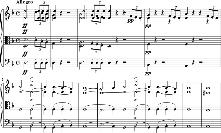 { \new PianoStaff <<
\new Staff <<
\set Staff.midiInstrument = #"violin"
\tempo "Allegro"
\tempo 4 = 140
\key d \minor
\time 4/4
\new Voice \relative c' {
\stemUp
<d d'>2. _\ff \times 2/3 {q8-. q-. q-.}
q4 r r2 q2. \times 2/3 {q8-. q-. q-.}
q4 r r \times 2/3 {f8-. _\pp e-. d-.}
g4 r r \times 2/3 {f8-. e-. d-.}
a'4 r r \times 2/3 {f8-. e-. d-.}
bes'2 ( d^>
bes4) bes-.( a-. g-.)
a1(
g2. a4
bes2 ( d^>
bes4) bes-.( a-. g-.)
a1
a
}
\new Voice \relative c' {
\stemDown
<d d'>2. _\ff \times 2/3 {c'8-. bes-. a-.}
g4 r r2
<d a'>2. \times 2/3 {g8-. f-. e-.}
d4 r r2
d4 _\pp r r r
d r r r
d2 d^>(
d4) d-.( d-. d-.)
c1(
c)
d2 d^>(
d4) d-.( d-. d-.)
d1
cis
}
>>
\new Staff <<
\set Staff.midiInstrument = #"viola"
\tempo "Allegro"
\tempo 4 = 140
\clef alto
\key d \minor
\time 4/4
\new Voice \relative c {
\stemDown
<d d'>2. _\ff \times 2/3 {c'8-. bes-. a-.}
g4 r r2
<d a'>2. \times 2/3 {g8-. f-. e-.}
d4 r r2
f4 _\pp r r2
f4 r r2
f2 f^>(
f4) f-.( f-. f-.)
f1(
e2. f4)
f2 f^>(
f4) f-.( f-. f-.)
f1
e
}
>>
\new Staff <<
\set Staff.midiInstrument = #"cello"
\tempo "Allegro"
\tempo 4 = 140
\clef bass
\key d \minor
\time 4/4
\new Voice \relative c {
\stemDown
d2. _\ff \times 2/3 {d8-. d-. d-.}
d4 r r2
d2. \times 2/3 {d8-. d-. d-.}
d4 r r2
bes4 _\pp r r2
a4 r r2
g2 bes^>(
g4) g-.( a-. bes-.)
a1(
c2. a4)
g2 bes^>(
g4) g-.( a-. bes-.)
a1
a
}
>>
>>
}