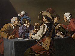 "A group of men in 17th-century attire play cards at a table, surrounded by food and drink"