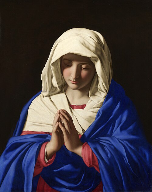 Sassoferrato's depiction of the Blessed Virgin Mary, The Virgin in Prayer, c. 1654. Her blue cloak is painted in ultramarine.[37]