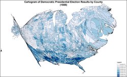 Cartogram of Democratic presidential election results by county