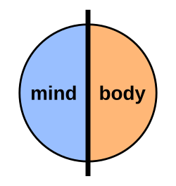 Diagram of a circle divided into two sides with the texts "mind" and "body"