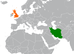 Map indicating locations of Iran and United Kingdom