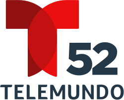 The Telemundo network logo, a T with two circular overlapping components. To the right and under the T, the number 52. Beneath it, in a sans serif, the word Telemundo.