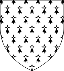 A shield shape. Inside the shield is a white background with black ermine symbols.