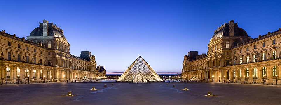 The Napoleon Courtyard and Ieoh Ming Pei's pyramid in its centre, at dusk