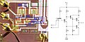 Die vs Schematic of a NAND gate in a 74H00 (Darlington transistor is visbile on the right)