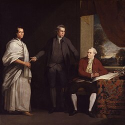 Sir Joseph Banks (centre), together with Omai (left) and Daniel Solander, painted by William Parry, c. 1775-1776