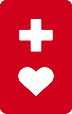 a white heart below a white cross on a red rounded rectangle