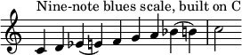  {
\override Score.TimeSignature #'stencil = ##f
\relative c' {
  \clef treble \time 9/4
  c4^\markup { "Nine-note blues scale, built on C" } d es( e) f g a bes( b) c2
} }
