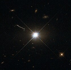 This image from Hubble’s Wide Field and Planetary Camera 2 (WFPC2) is likely the best of ancient and brilliant quasar 3C 273, which resides in a giant elliptical galaxy in the constellation of Virgo (The Virgin).