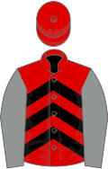 Red, black chevrons, grey sleeves, red cap