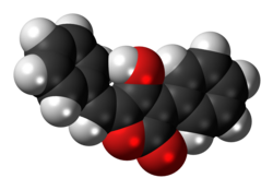 Space-filling model of the (E)-pulvinone molecule