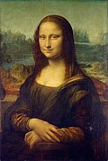 The full Mona Lisa painting (English: Mona Lisa, Italian: La Gioconda, French: La Joconde) by Leonardo da Vinci, Louvre